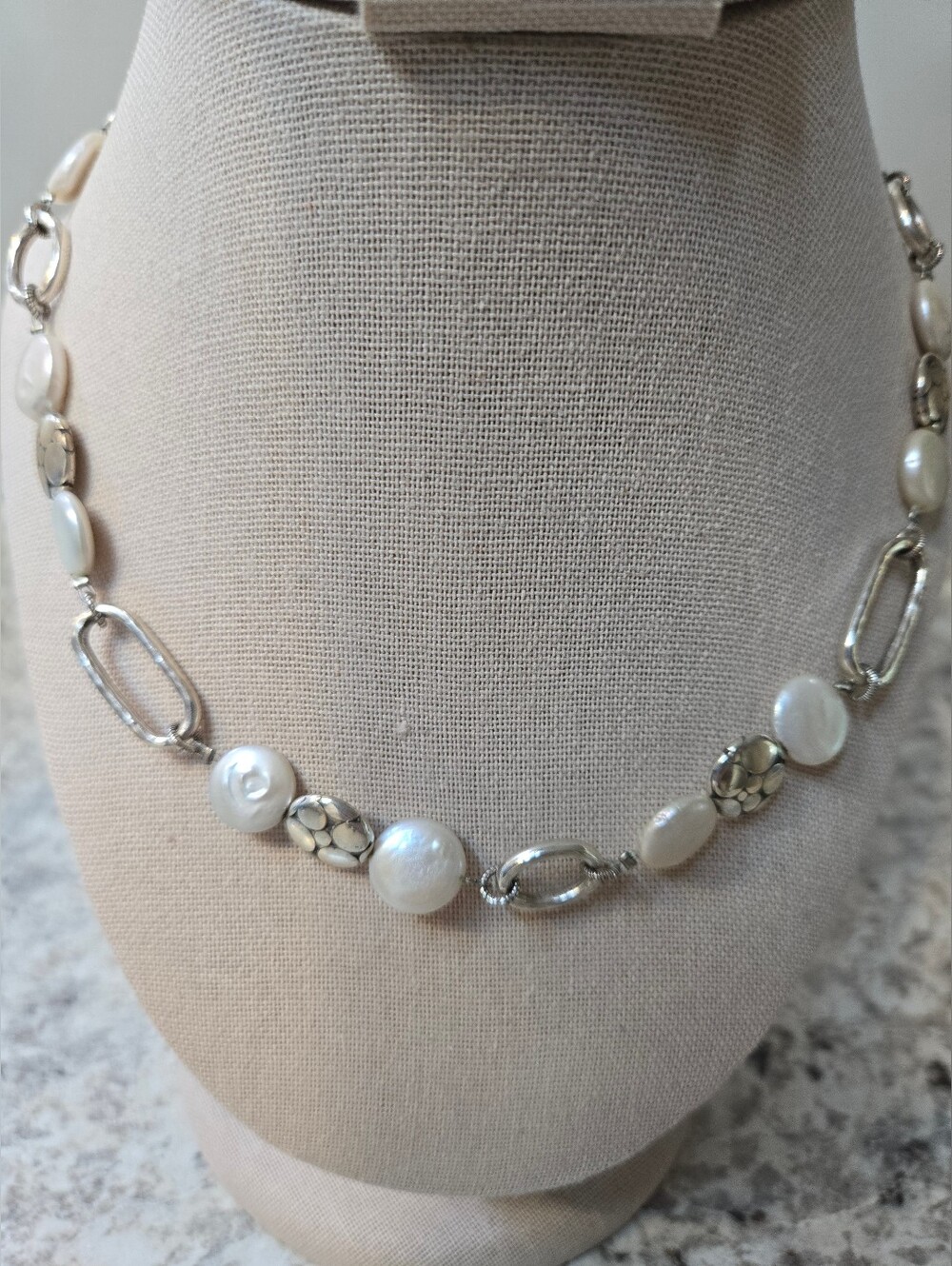 Brighton Pebble & Pearl Silver Link Adjustable Necklace